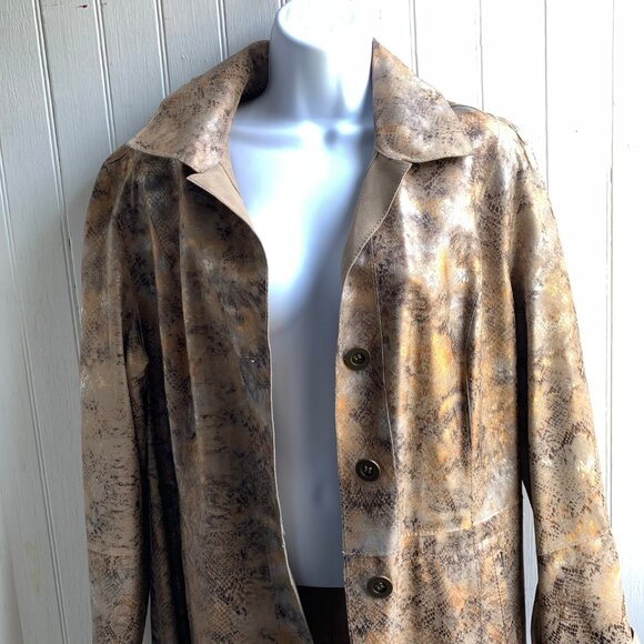 Chicos Genuine Leather Gold Tan Reptile Snake Print Reversible Jacket - Size 2 - Picture 1 of 16
